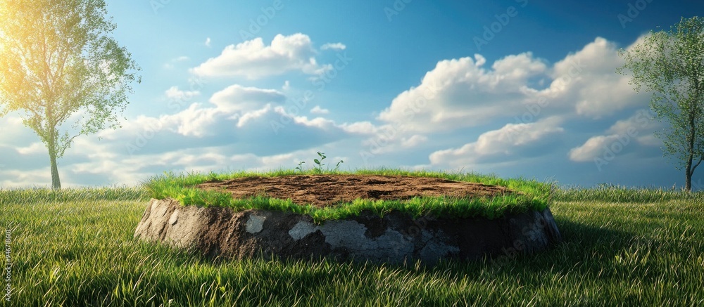 Poster fantasy 3d rendering of a circular podium on a grassy field featuring a surreal cross section of soi