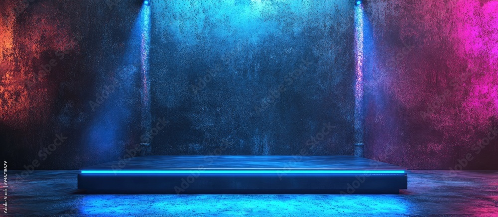 Aufkleber Modern Grunge Cyberpunk Stage with Empty Product Display Featuring Glossy Concrete Background and Deep Blue Vibrant Podium Lights 3D Rendered Illustration