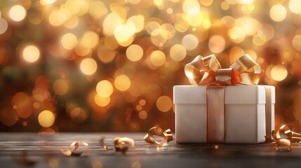   A white gift box with orange ribbon and bow on wooden table, surrounded by soft light from book of books