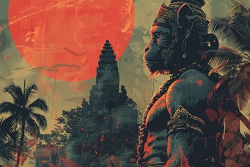 Design a modern interpretation of Hanuman's epic journey to Lanka