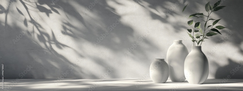 Poster Monochromatic backdrop featuring vases shadows of trees and natural light 3D render