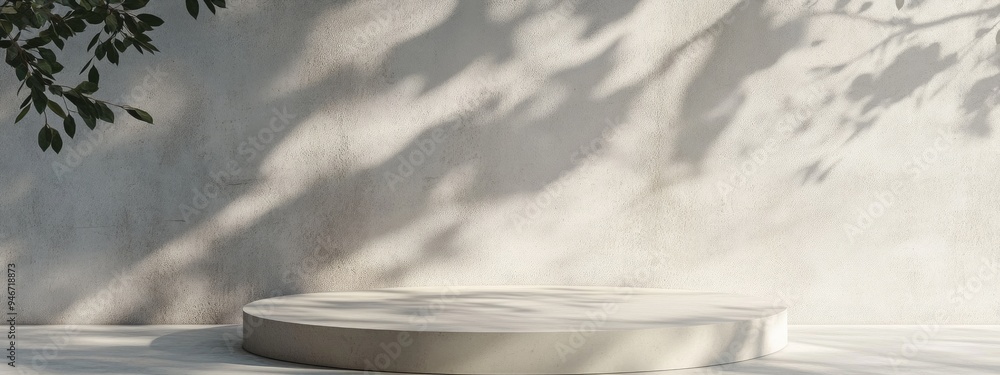 Poster minimal product placement with concrete background and leaf shadows on a white plaster wall 3d rende