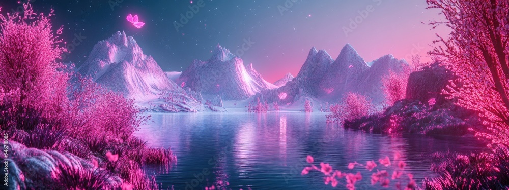 Aufkleber Abstract landscape scene depicting spring and summer with geometric shapes featuring a lake and floral elements 3D rendering