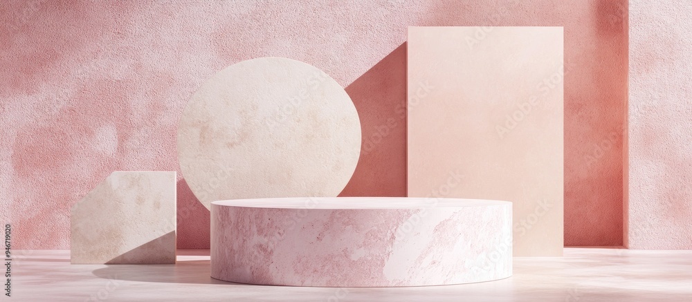 Poster Minimalist composition featuring a podium against an abstract backdrop Geometric shapes in pastel hues 3D rendering showcasing geometric forms and a textured background suitable for showcasing cos