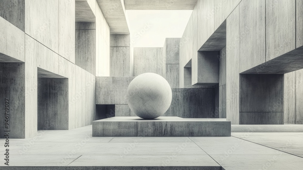 Poster Abstract interior background featuring a concrete space with a geometric arrangement of cubes and a sphere showcasing minimalistic architecture through 3D rendering