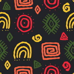 African geometric print. African pattern. Abstract african art style seamless pattern. Hand drawn tribal decoration background with boho doodle shapes and ethnic symbols.