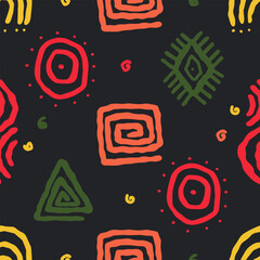 African geometric print. African pattern. Abstract african art style seamless pattern. Hand drawn tribal decoration background with boho doodle shapes and ethnic symbols.
