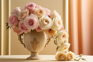 Obraz premium Elegant Rose Bouquet in Pastel Hues with Ornate Vase and Warm Background for Timeless Romance