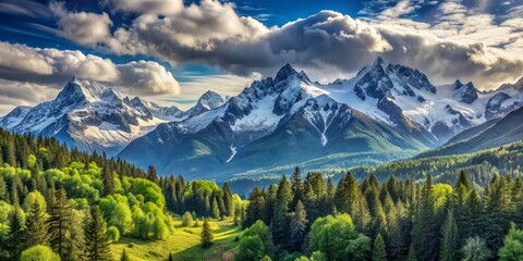 Snowy Mountain Range with Forest at the Base, Landscape Photography, Mountains, Forest, Clouds, Nature, mountain landscape