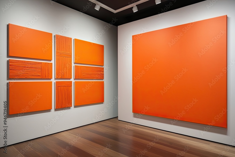 Poster dynamic orange canvas art displayed in spacious modern gallery setting