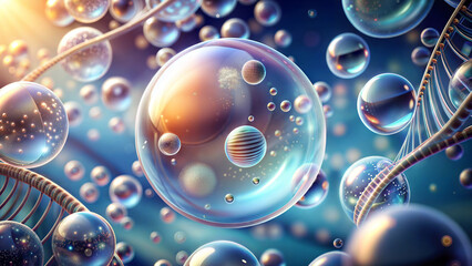Cosmetic essence in a liquid bubble with molecules, floating DNA , beauty, healthy skin