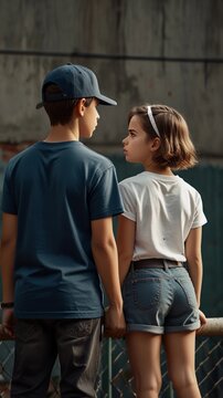 Boy and Girl with Crossed Arms and in Cartoon Style After Quarrel" Useful for content related to emotional education, storytelling, or any project needing a visual representation of youthful disagreem