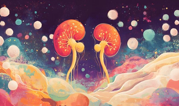 Vibrant abstract artwork showcasing kidney anatomy in a surreal cosmic landscape. Combines bold colors and imaginative design to illustrate medical and biological concepts.