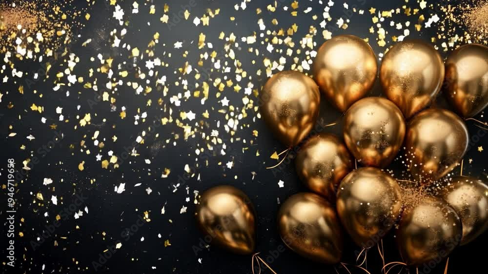 Poster golden balloons clustered together on a dark background, surrounded by sparkling confetti, creating 