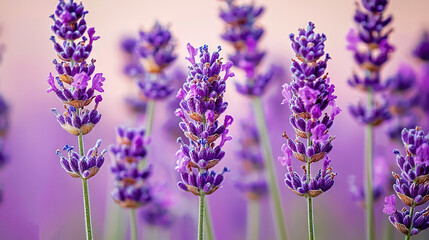 Obraz premium A sharp focus on a cluster of vibrant blooms, surrounded by a fuzzy backdrop of lilac petals and a warm pink mural