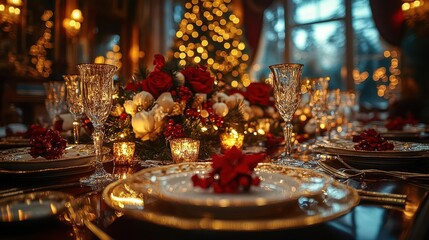 Naklejka premium intimate romantic dinner setting elegant table with fine china and crystal soft candlelight festive christmas decor luxurious atmosphere