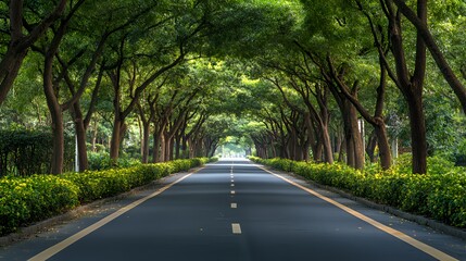 Fototapeta premium A serene tree-lined road creating a tranquil atmosphere for travelers.