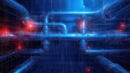 Obraz premium intricate network of white plumbing pipes forming abstract geometric patterns blueprint style overlay deep blue background with subtle grid lines technical illustration