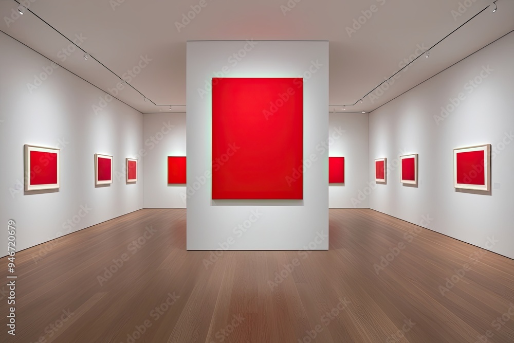 Poster bold red canvas art displayed in expansive minimalist gallery setting