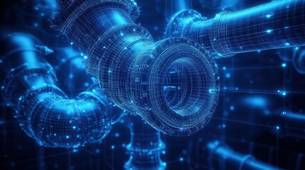 Obraz premium intricate network of white plumbing pipes forming abstract geometric patterns blueprint style overlay deep blue background with subtle grid lines technical illustration