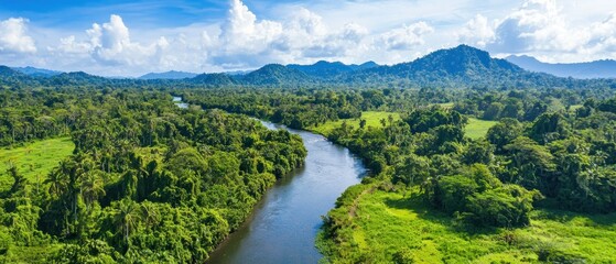 Aerial View of a Winding River Through Lush Tropical Rainforest and Mountainous Landscape
