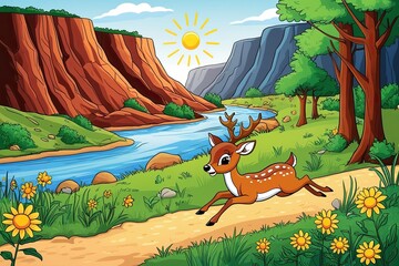 Obraz premium Vibrant Cartoon Nature Scene Featuring Canyon Riverbank Wildflowers and Leaping Deer with Sunlight Effects