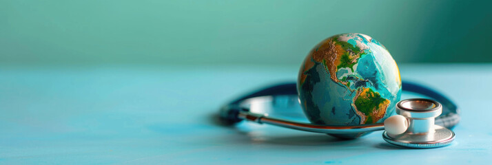 World Health Day. Global Health Awareness concept. Globe inside stethoscope. Green Earth day...