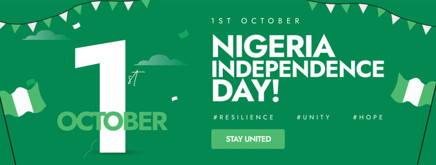 Independence day of Nigeria. 1st October Nigeria Independence day cover banner, background, post with its flags in green background. The country gained freedom from Britain in 1960. Celebration design
