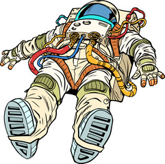 Pop Art Retro The astronaut lies in his suit. Day of Cosmonautics and Space Exploration. Scientific research in the field of space and the universe.