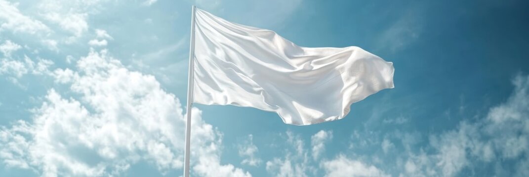 White flag waving against a blue sky. International Day of Neutrality. Horizontal banner. Free space for text. Resolving international conflicts by peaceful means, stop war concept. World Peace Day - Powered by Adobe