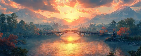 A large suspension bridge spanning a wide river with dramatic mountain scenery in the background