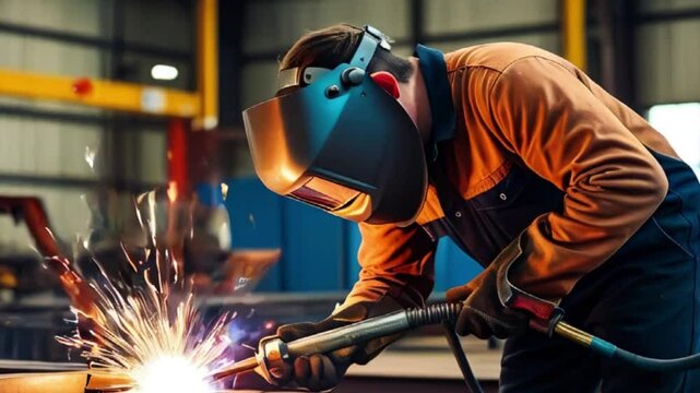 welder in protective gear working on metal with bright sparks in an industrial factory setting, showcasing skilled craftsmanship and handwork created with generative ai