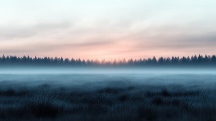 Fototapeta premium A picturesque view of a dense forest with an expansive open field in the foreground, enveloped in mist and highlighted by the soft glow of the sunrise.