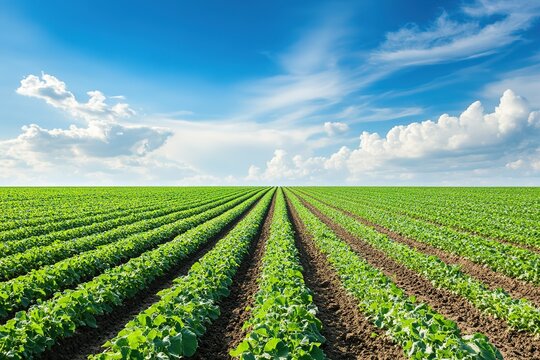 Vibrant green crop rows under blue sky.