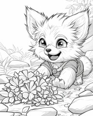 Black and white illustration for coloring animals, fox.