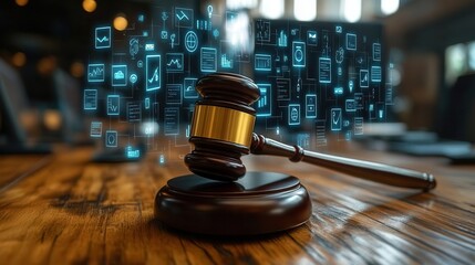 legal technology concept with judges gavel computer and digital icons modern approach to law practice in sleek office setting