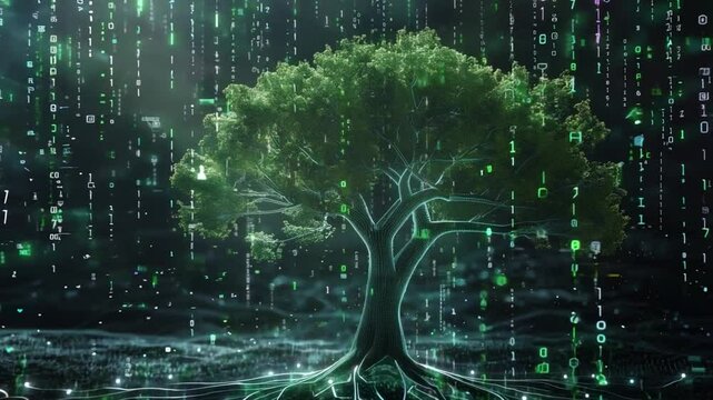 Vibrant tree emerges from digital landscape, its roots intertwined with glowing green data streams, representing blend of technology and natural life