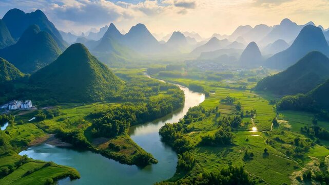 arial view pastoral rural countryside of Asian with green rice field and mountains under sunlight flare