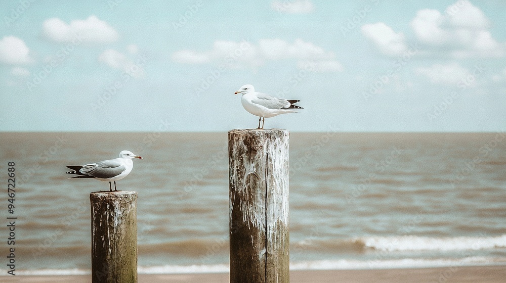 Poster   Two seagulls perched atop wooden posts along a beach beside the ocean and body of water