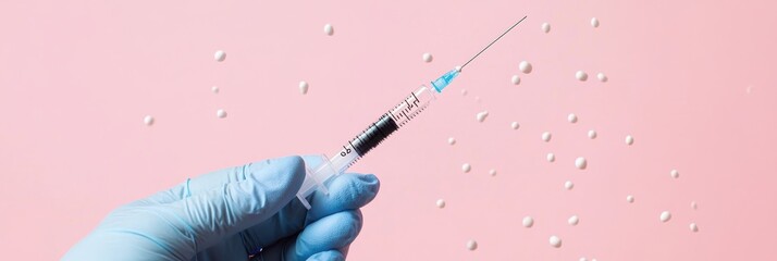Hand in blue medical glove with syringe on a pink background. Horizontal banner. National Influenza Vaccination Week. National Immunization Awareness Month. Immunization and vaccination. Copy space