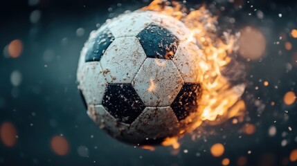 A soccer ball on fire mid-air, creating a dynamic and thrilling visual spectacle, symbolizing passion, energy, and excitement in sports, with fiery embers flying around.