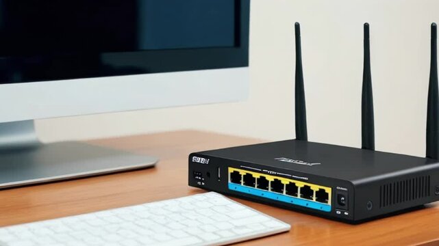 Wi-Fi internet network connection modem router on the table near the computer monitor. black router or modem device created with generative ai	