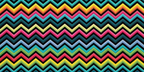 Vibrant Chevron Pattern in Hand-Drawn Style, Colorful Geometric Shapes, Black Background, Pattern Design, Abstract Art, Zig Zag, Geometric