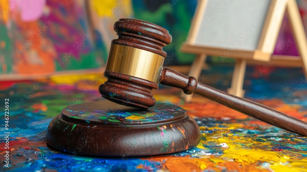 Poster a gavel rests on a colorful surface filled with paint splatters. this image symbolizes the intersect