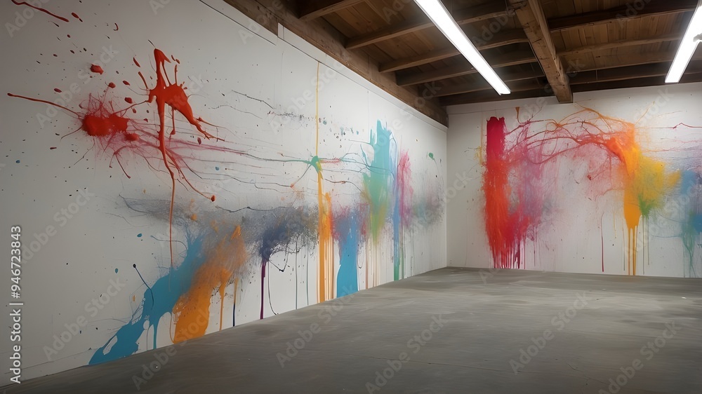 Poster the wall is adorned with colorful paint marks leaving ample space for other visuals in the image