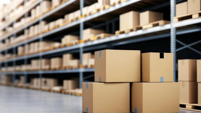 Cardboard boxes on blur storage warehouse shelves background. 3d illustration , ready for the delivery of packages in the warehouse created with generative ai	