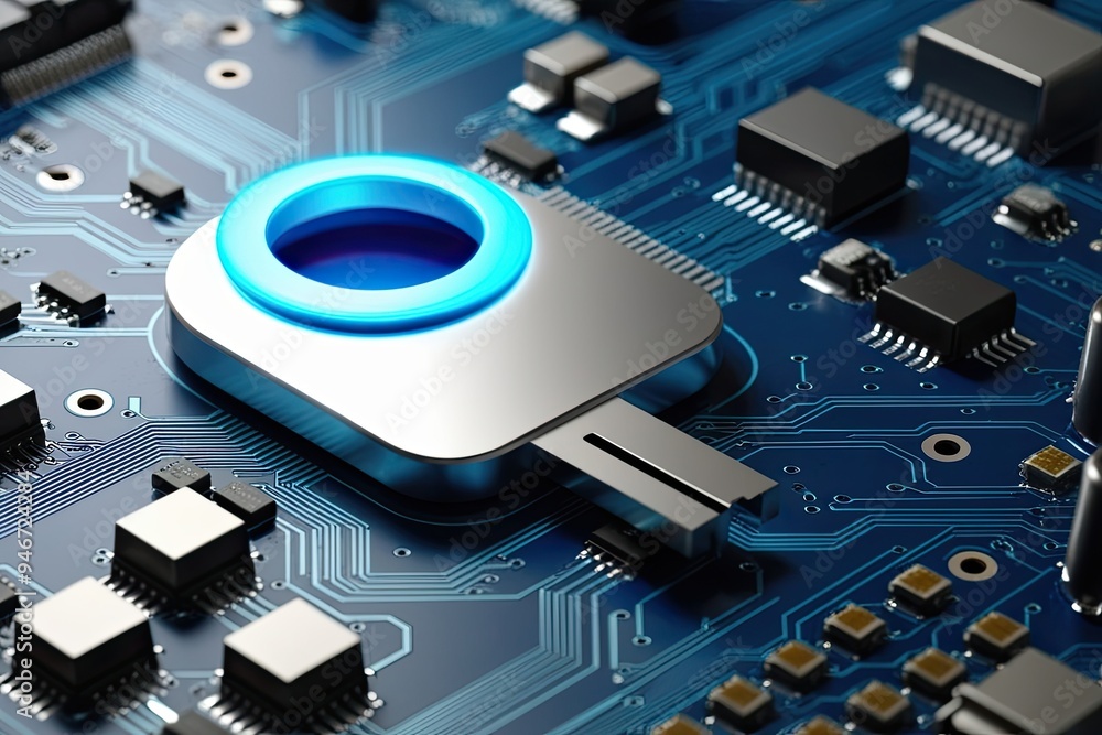 Aufkleber glowing blue digital key on circuit board background symbolizing secure cyber technology