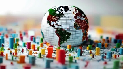 Colorful globe is surrounded by 3d bar graphs, illustrating the complex and interconnected nature of global finance and economics - Powered by Adobe