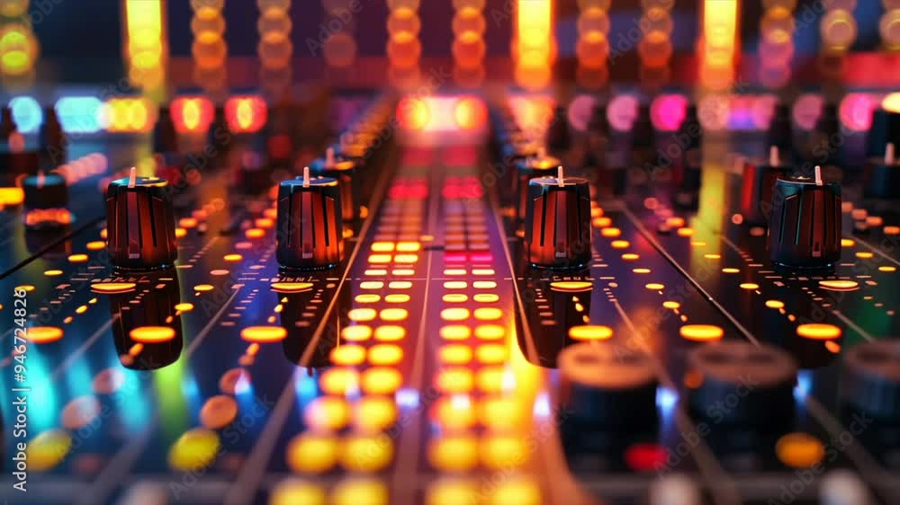 Aufkleber a colorful sound board with many knobs and buttons. scene is energetic and lively