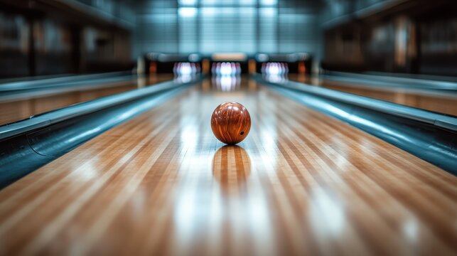 A polished bowling alley featuring a single bowling ball rolling decisively down a well-lit, wooden lane towards the awaiting pins in the background.